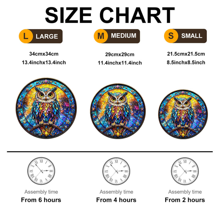 Size chart for Iridescent Starwing Wooden Jigsaw Puzzle featuring large, medium, and small dimensions and assembly times.