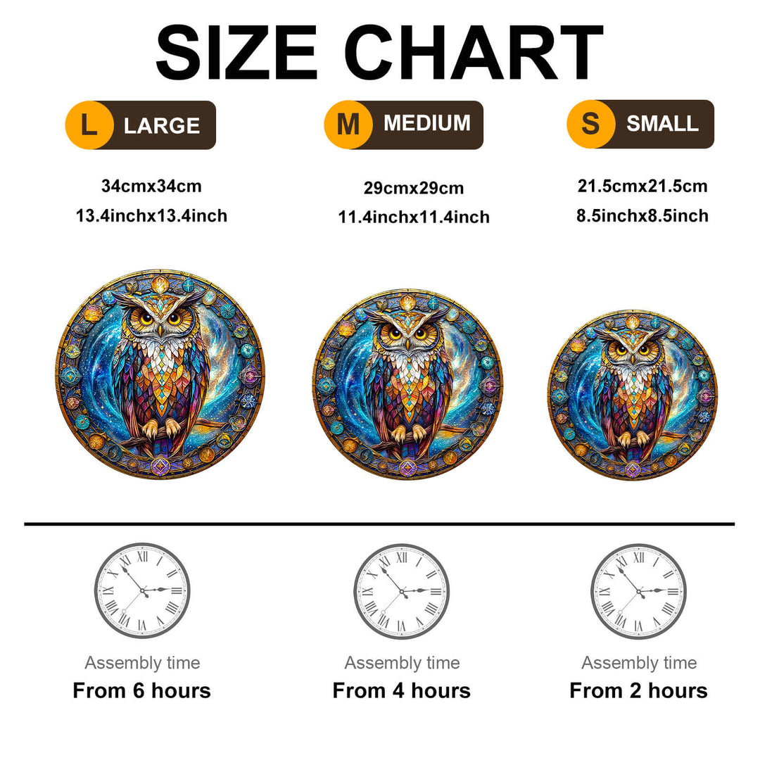 Size chart for Cosmic Watcher Wooden Jigsaw Puzzle featuring dimensions and assembly times for large, medium, and small puzzles.