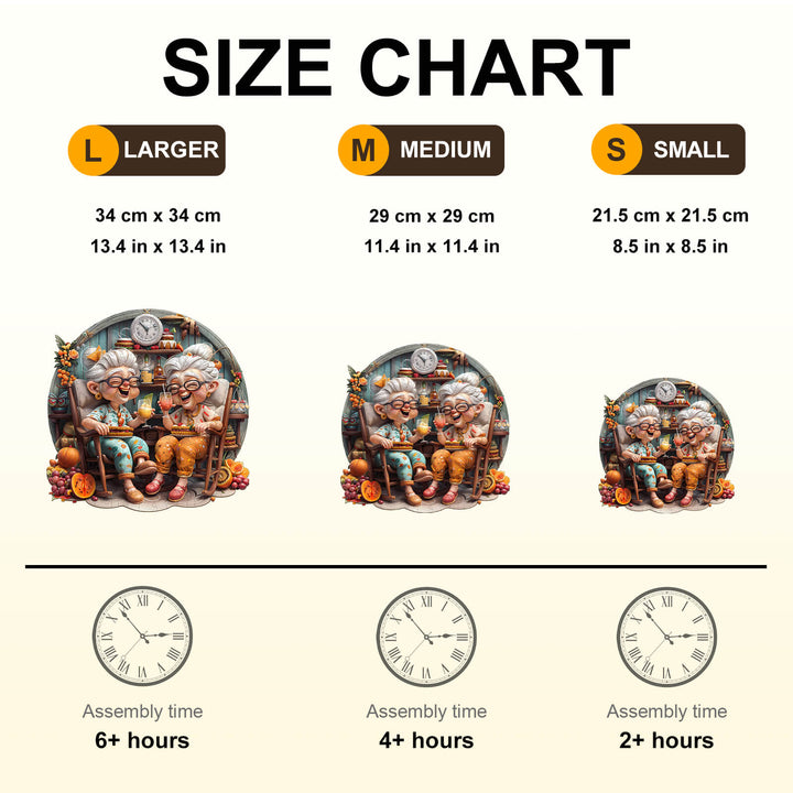 Size chart for Grandma's Party wooden jigsaw puzzle in large, medium, and small with assembly times.