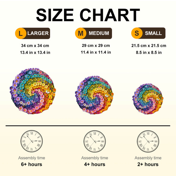 Size chart for Sea of Flowers wooden jigsaw puzzle, detailing dimensions and assembly times for all sizes.