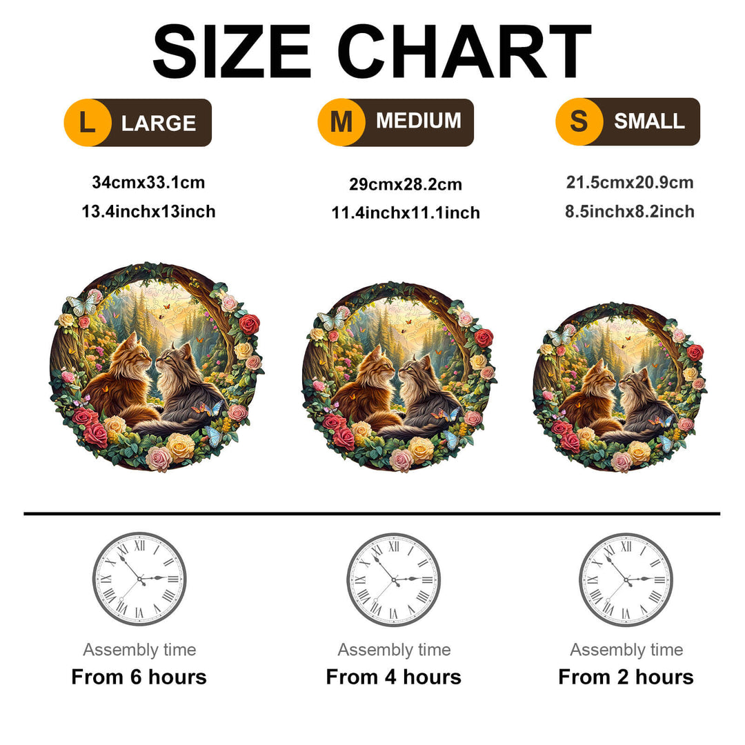 Size chart for Cats in Love-1 wooden jigsaw puzzle showing dimensions and assembly times for large, medium, and small sizes.