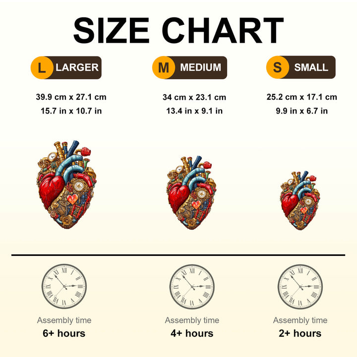 Size chart for Mechanical Heart-2 Wooden Jigsaw Puzzle showing dimensions and assembly times for three sizes.