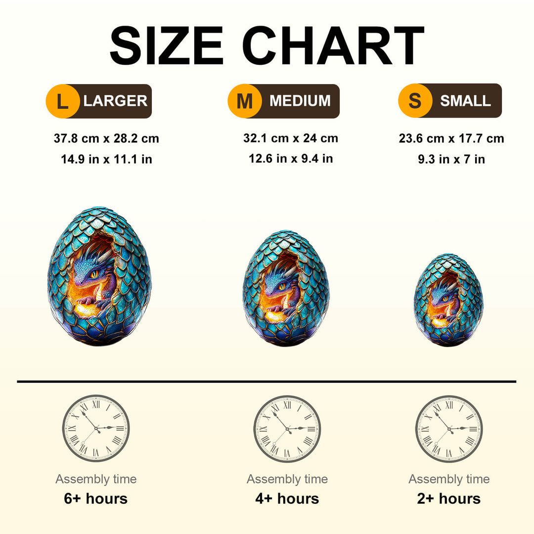 Size chart for Draconic Rebirth-3 wooden jigsaw puzzle showing dimensions and assembly times for large, medium, and small sizes.
