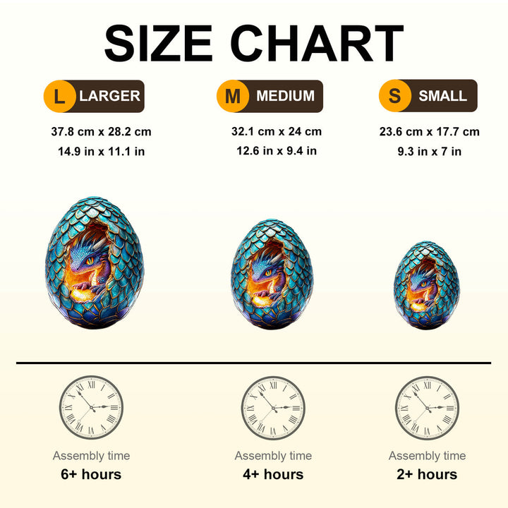Size chart for Draconic Rebirth-3 wooden jigsaw puzzle showing dimensions and assembly times for large, medium, and small sizes.