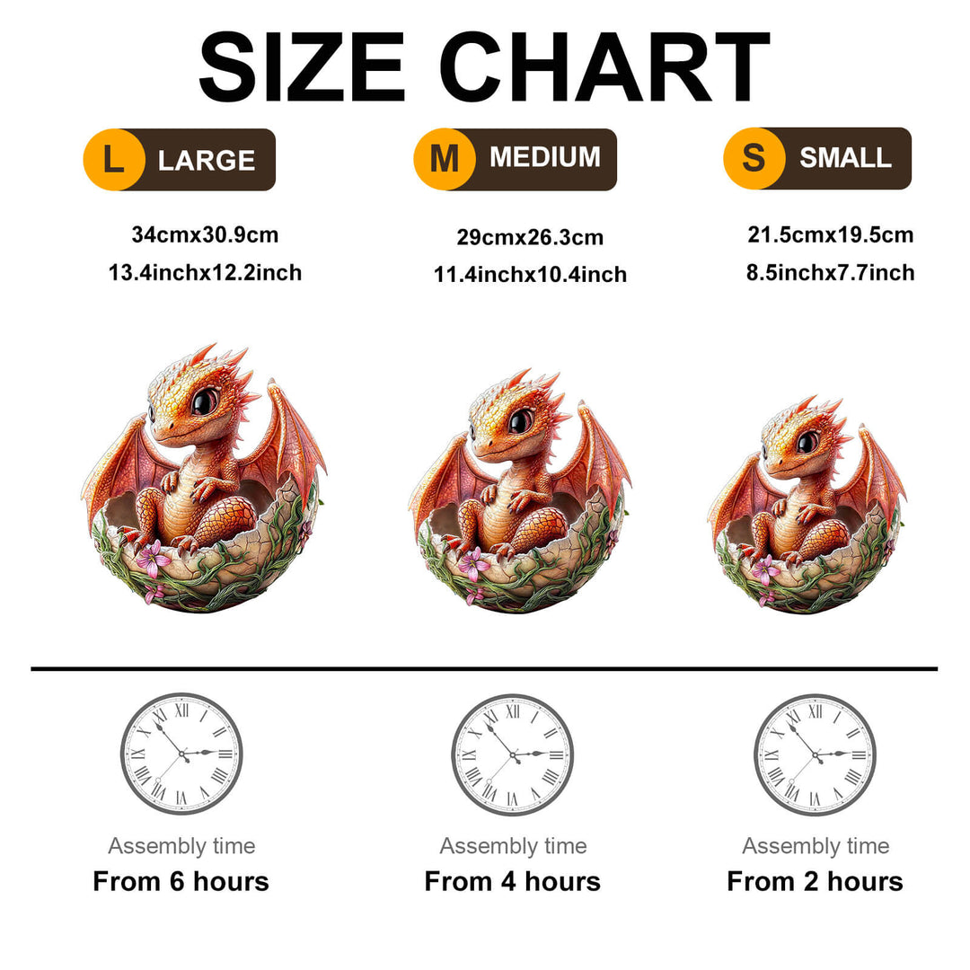 Size chart for Whimsical Dragonet Wooden Jigsaw Puzzle showing dimensions and assembly times for large, medium, and small sizes.