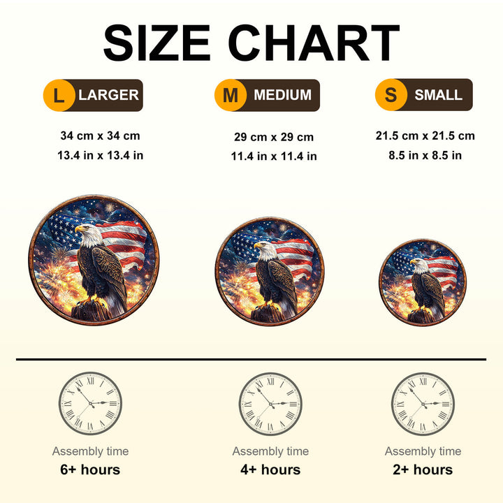 Size chart for Eagle's Pride Wooden Jigsaw Puzzle with assembly times and dimensions for large, medium, and small sizes.