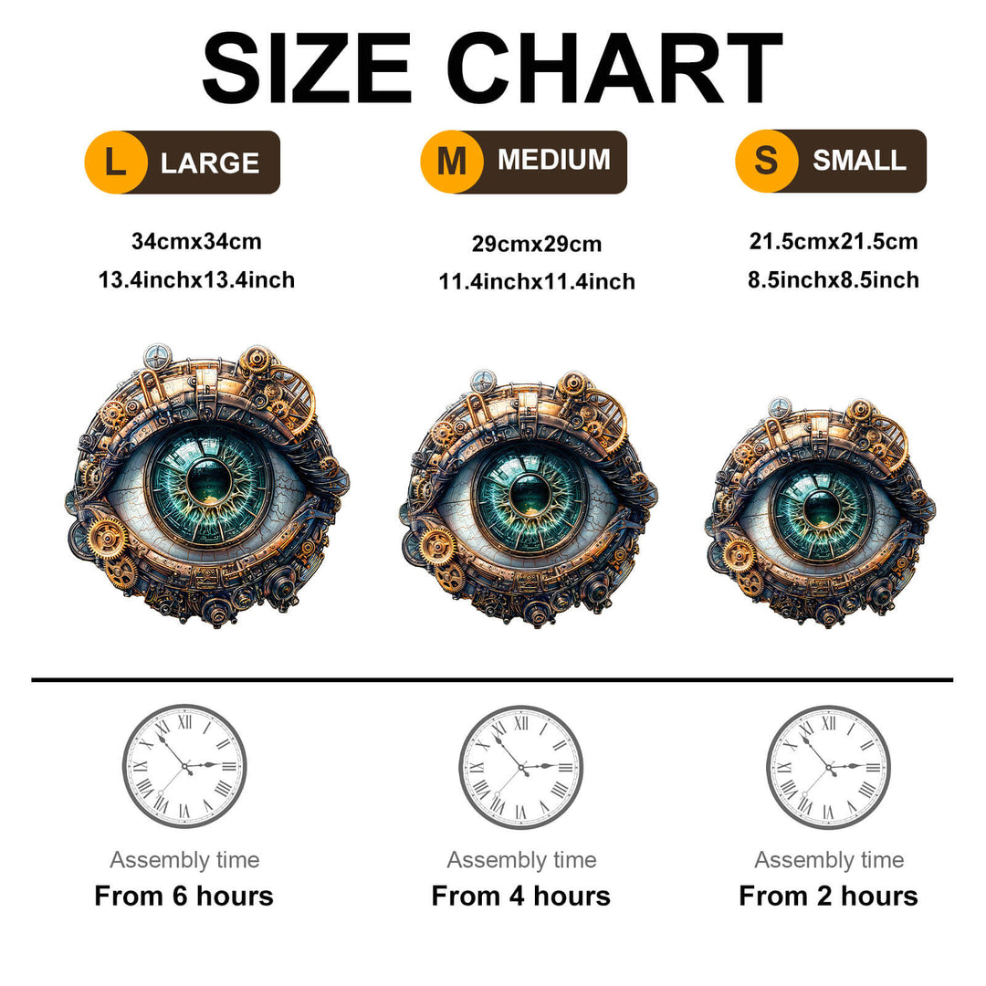 Size chart for 3D Mechanical eyes wooden jigsaw puzzle with assembly times and dimensions for large, medium, and small sizes.