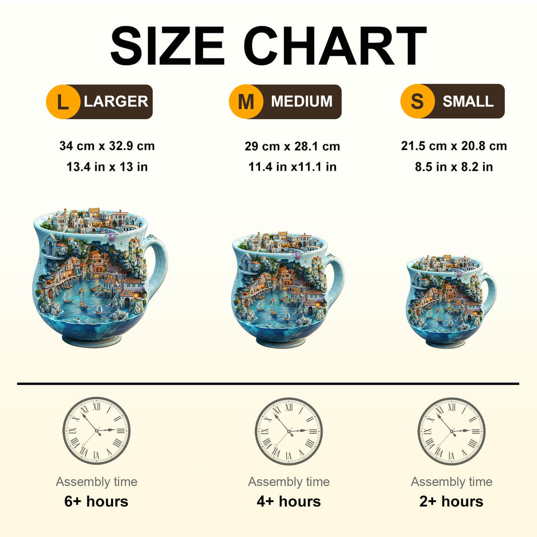 Size chart for Seaside town wooden jigsaw puzzle showing dimensions and assembly times for large, medium, and small sizes.