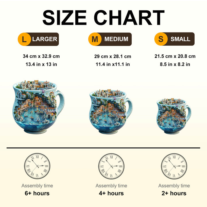 Size chart for Seaside town wooden jigsaw puzzle showing dimensions and assembly times for large, medium, and small sizes.