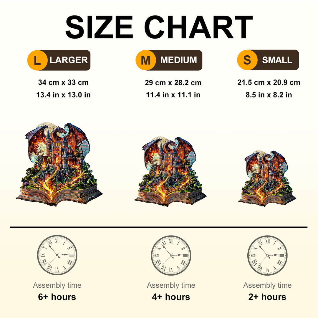 Size chart for Epic Tale Wooden Jigsaw Puzzle with dimensions and estimated assembly times.