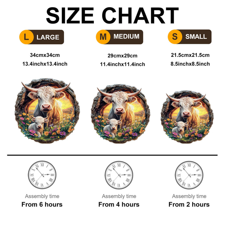 Size chart for Cattle Family Wooden Jigsaw Puzzle showing large, medium, and small dimensions and assembly times.