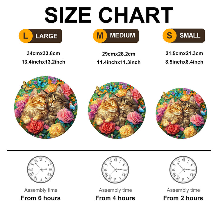 Size chart for 'Cats in Love-2' wooden jigsaw puzzle showing three sizes: Large, Medium, and Small with assembly times.