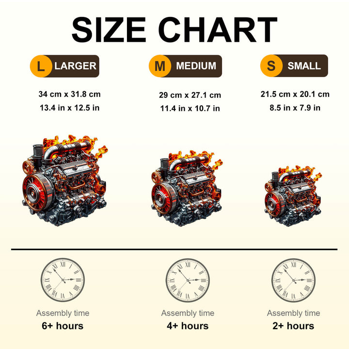 Ironclad Dynamo jigsaw puzzle size chart showing dimensions for large, medium, and small sizes with assembly times.