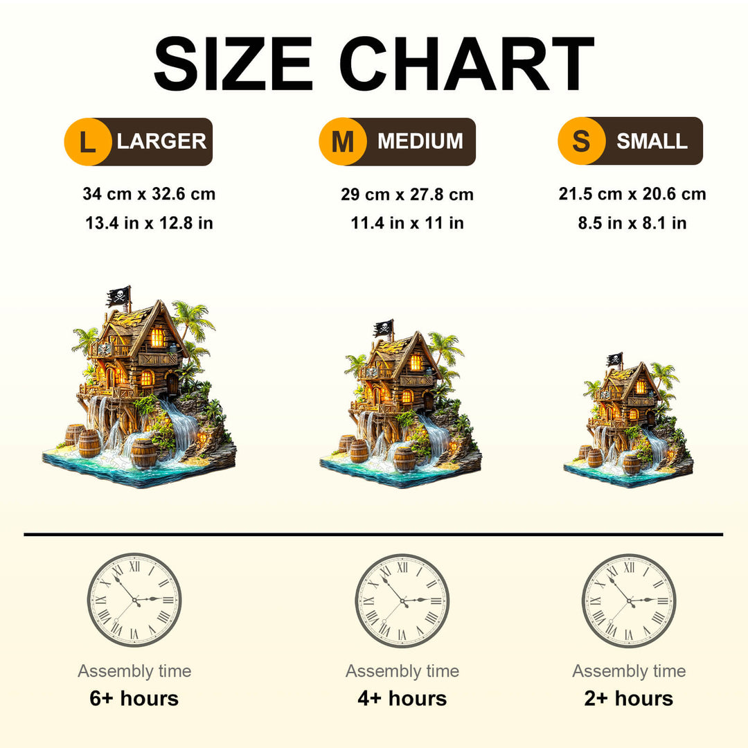 Size chart for Pirate Cabin-2 Wooden Jigsaw Puzzle showing dimensions and assembly times for large, medium, and small options.