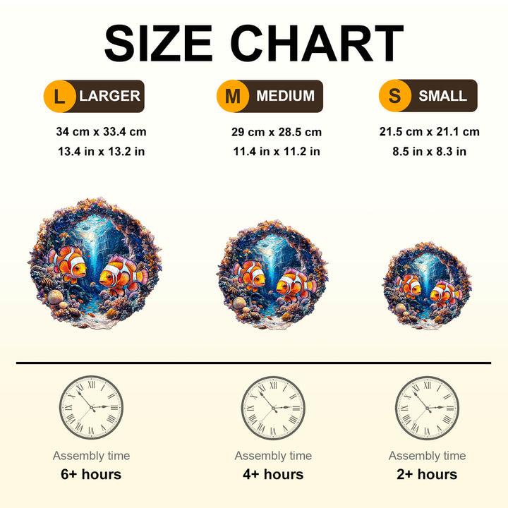 Size chart for Clownfish Journey wooden jigsaw puzzle showing dimensions and assembly times for small, medium, and larger sizes.