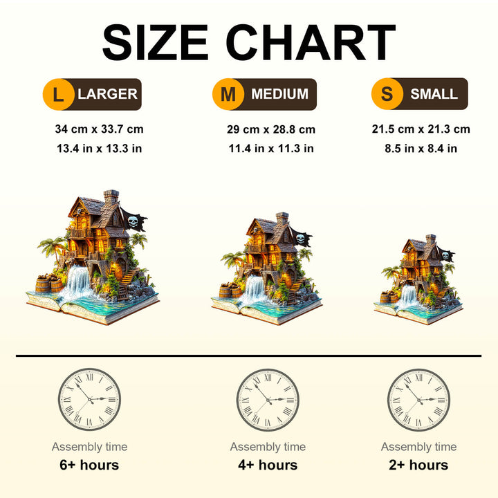 Pirate cabin-1 wooden jigsaw puzzle size chart showcasing large, medium, and small options with assembly times.