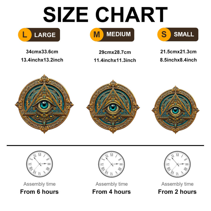 Size chart for Mysterious Eye Wooden Jigsaw Puzzle showing Large, Medium, and Small dimensions and assembly times.