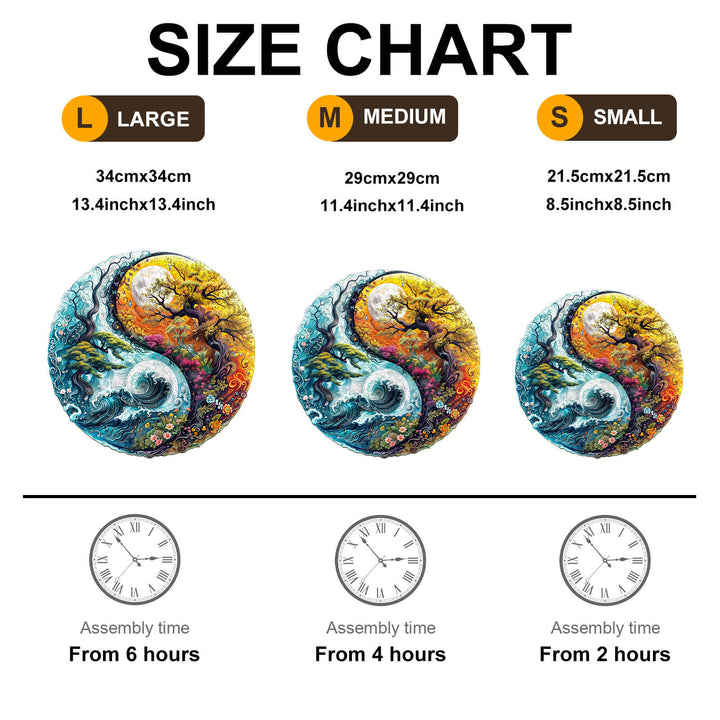Size chart for Yin yang Landscape-2 wooden jigsaw puzzle with dimensions and assembly times.