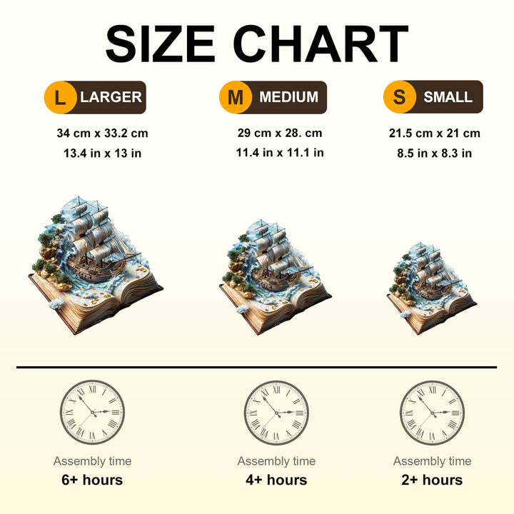 Size chart for the Sailing Adventure Wooden Jigsaw Puzzle, showing dimensions and estimated assembly times for different sizes.