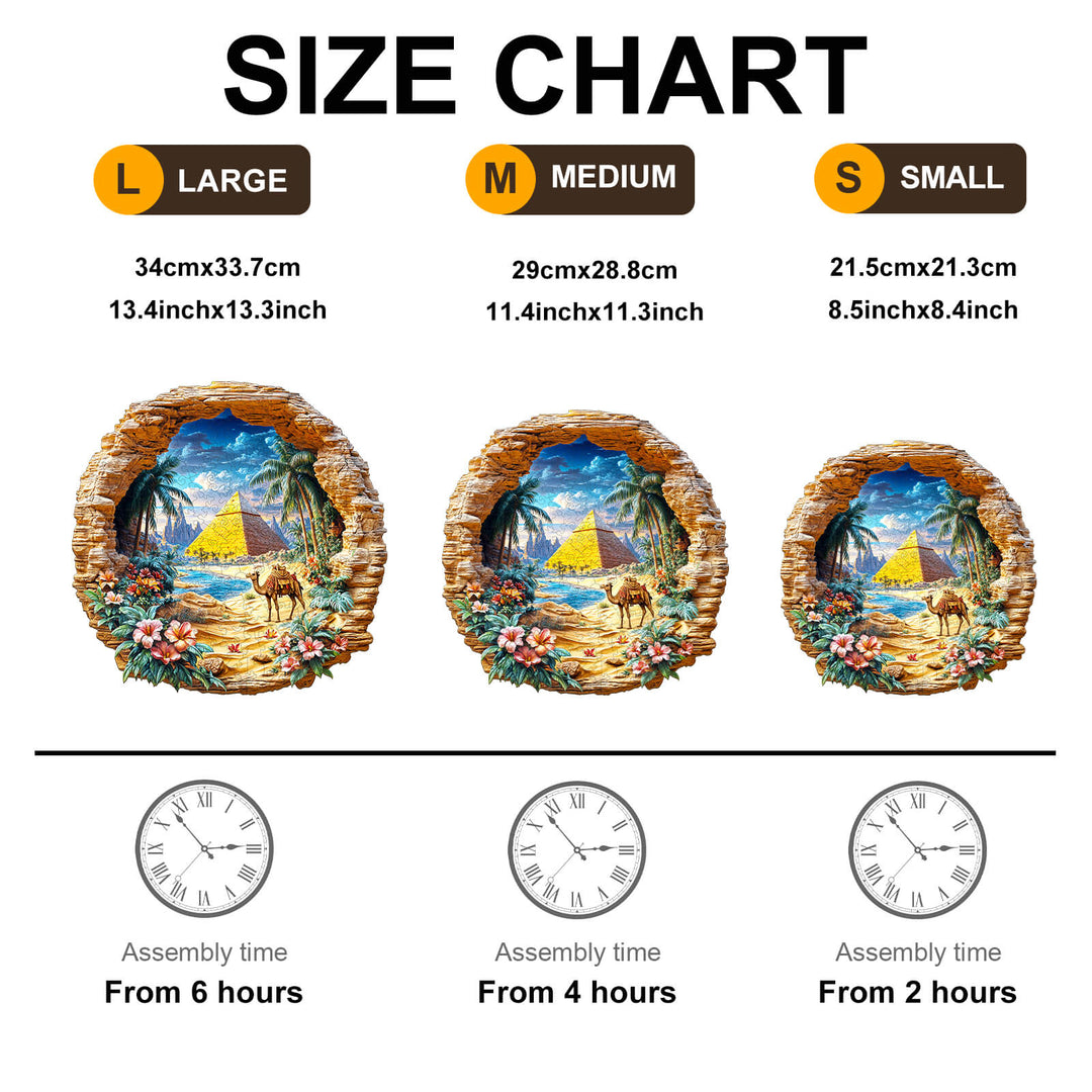 Size chart for Oasis Mirage Wooden Jigsaw Puzzle showing large, medium, and small sizes with assembly times.