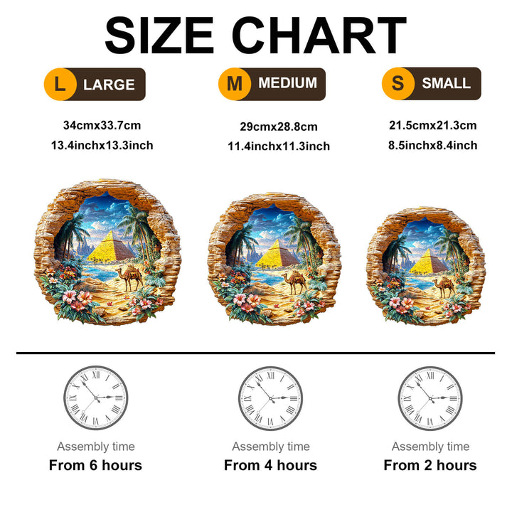 Size chart for Oasis Mirage Wooden Jigsaw Puzzle showing large, medium, and small sizes with assembly times.