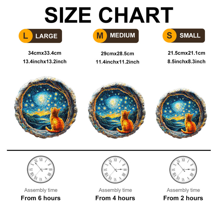 Size chart for 3D Starry Dream Wooden Jigsaw Puzzle including large, medium, and small variations with assembly times.