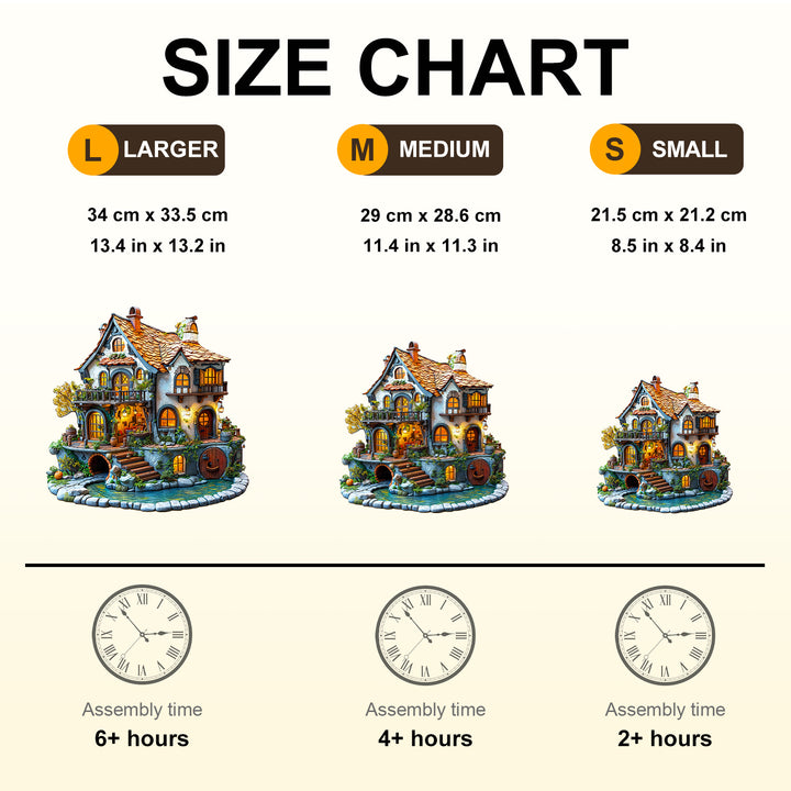 Size chart for 3D Glow Cottage Wooden Jigsaw Puzzle showing dimensions and assembly times for large, medium, and small options.