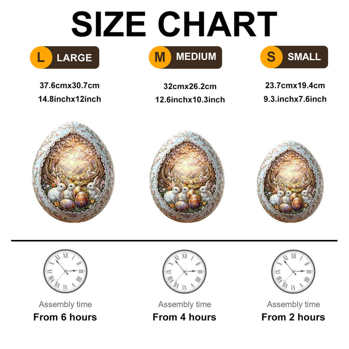 Size chart for Wonderland Easter-6 wooden jigsaw puzzles with dimensions and assembly times for large, medium, and small sizes.