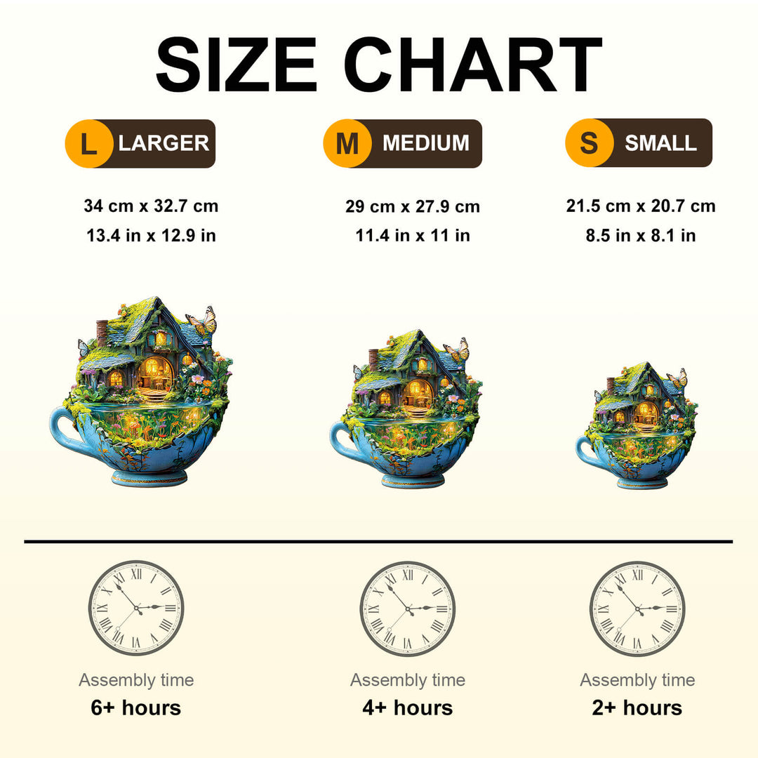 Size chart for the green Field mug wooden jigsaw puzzle, showing dimensions and assembly times for small, medium, and larger sizes.