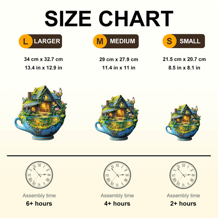 Size chart for the green Field mug wooden jigsaw puzzle, showing dimensions and assembly times for small, medium, and larger sizes.
