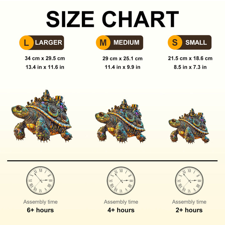 Size chart for Metallic Beast wooden jigsaw puzzle showing dimensions and assembly times for large, medium, and small options.