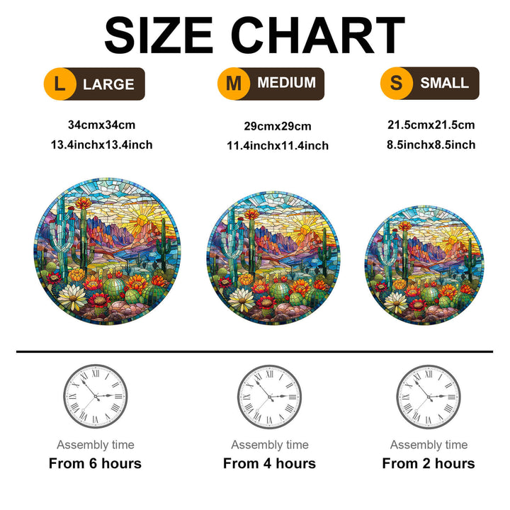 Size chart for Stained Glass Cactus Wooden Jigsaw Puzzle in three sizes with assembly times.