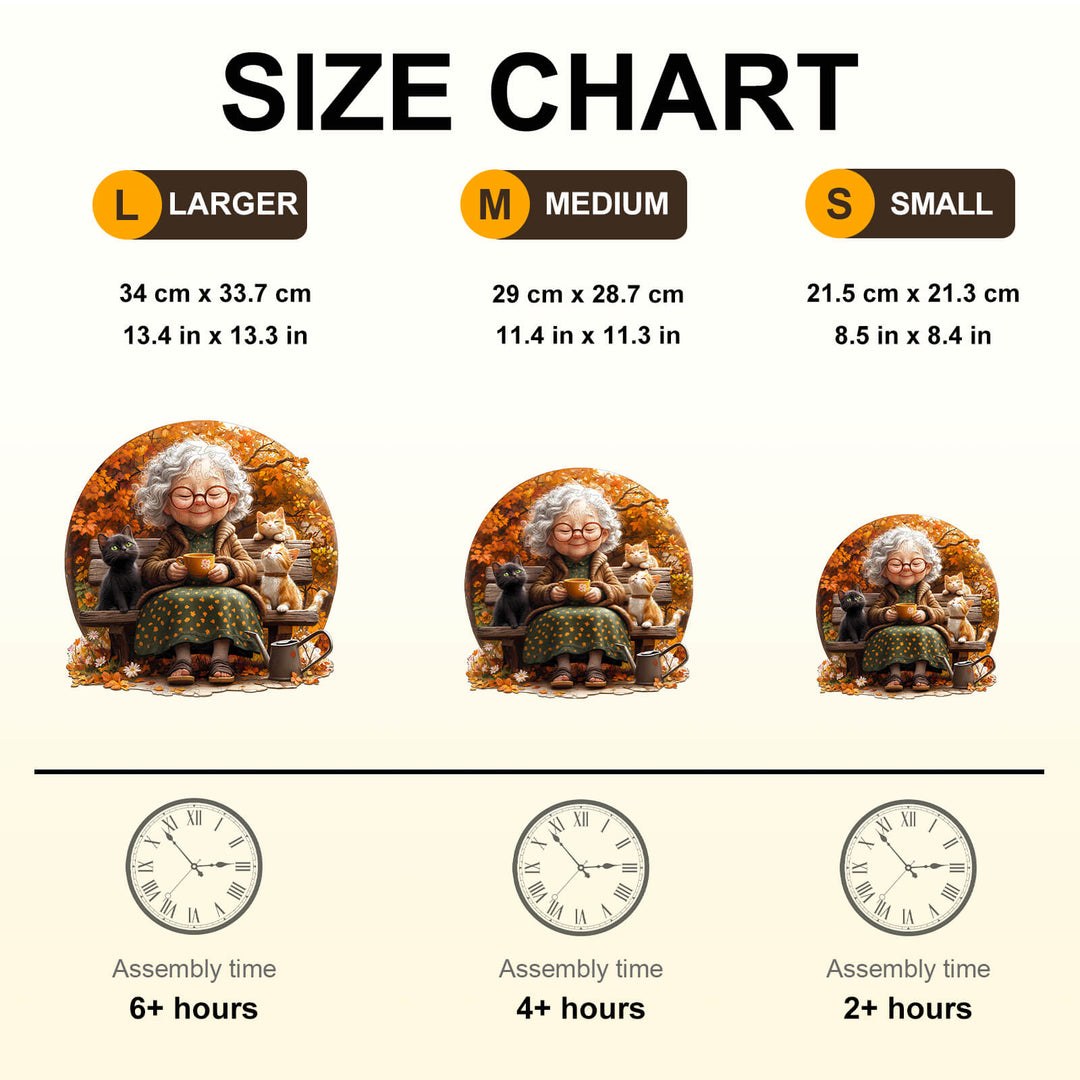 Size chart for Pleasant Afternoon Wooden Jigsaw Puzzle showing dimensions and assembly times for different sizes.