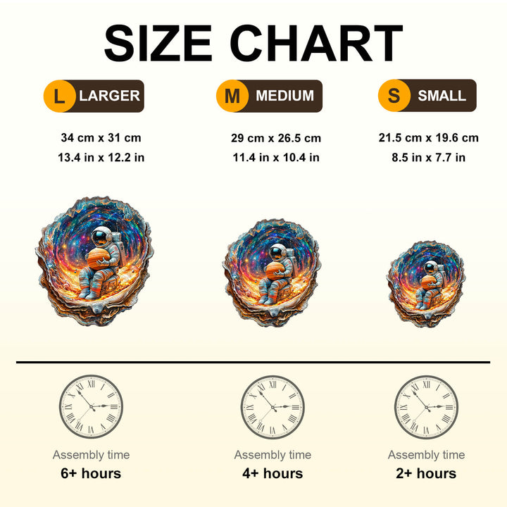 Size chart for Cosmic Dream Wooden Jigsaw Puzzle with assembly times for large, medium, and small options.