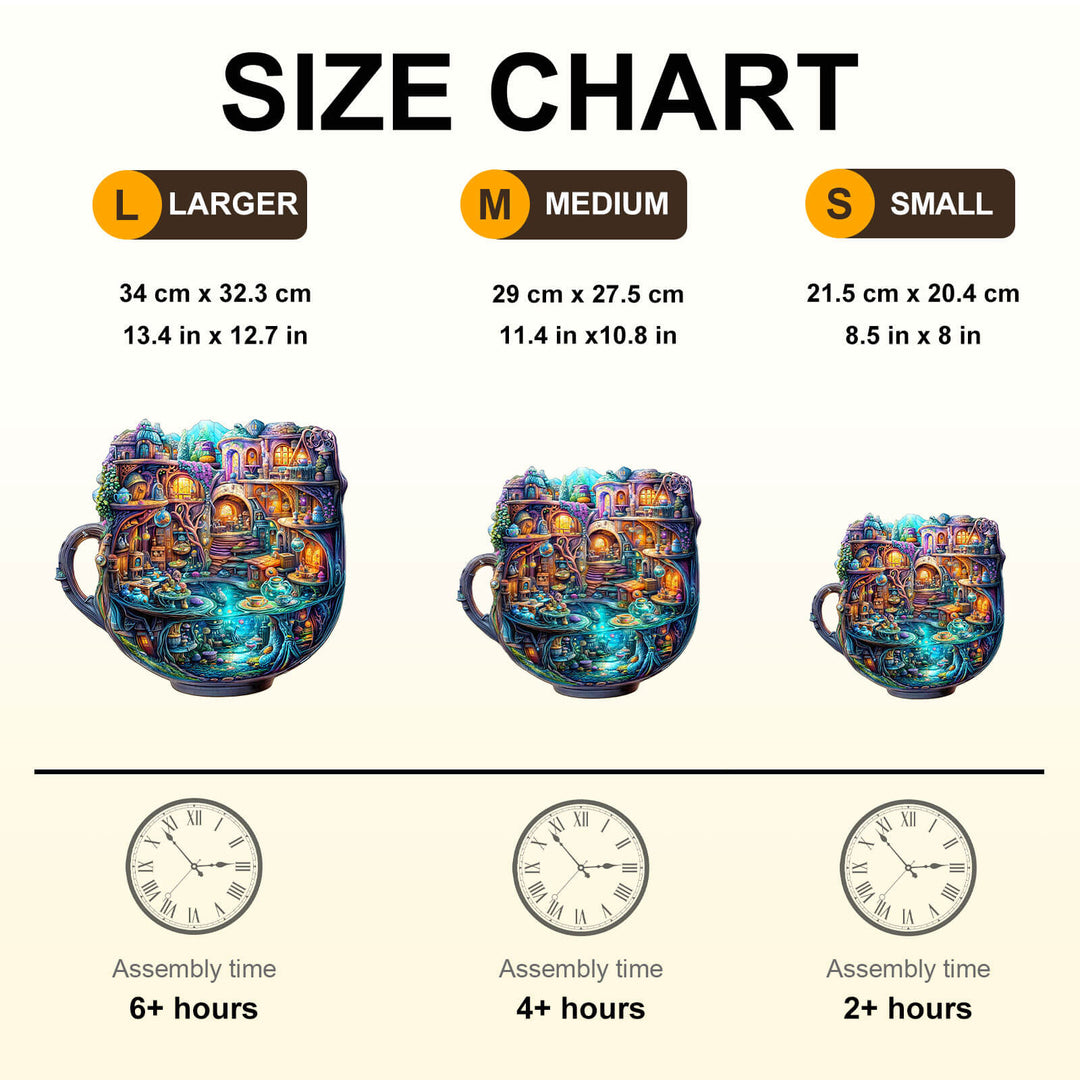 Size chart for Enchanted Teapot wooden jigsaw puzzle showing dimensions and assembly times for large, medium, and small options.