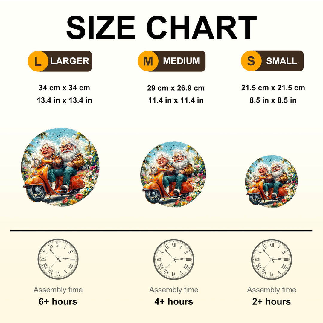 Size chart for Motorcycle Granny-1 Wooden Jigsaw Puzzle showing dimensions and assembly times.