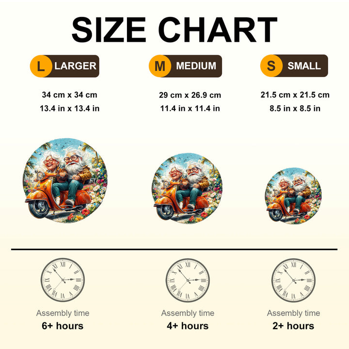 Size chart for Motorcycle Granny-1 Wooden Jigsaw Puzzle showing dimensions and assembly times.
