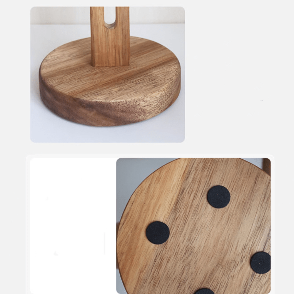 Wooden kitchen paper towel holder base with smooth acacia finish and anti-slip pads for stability.