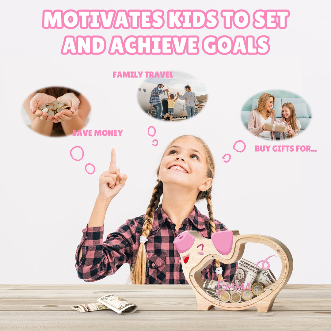Happy girl pointing at a piggy bank, inspired to save money and achieve goals like family travel and gifts.