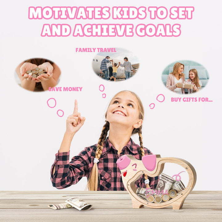 Happy girl pointing at a piggy bank, inspired to save money and achieve goals like family travel and gifts.
