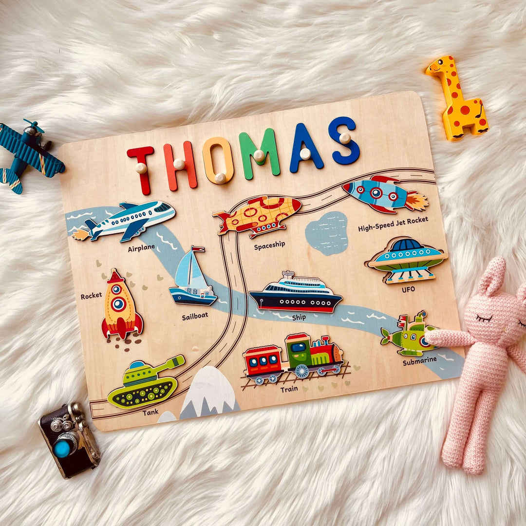 Rompecabezas de Madera Personalizado con Nombre - Juguete Educativo de Vehículos para Niños Pequeños