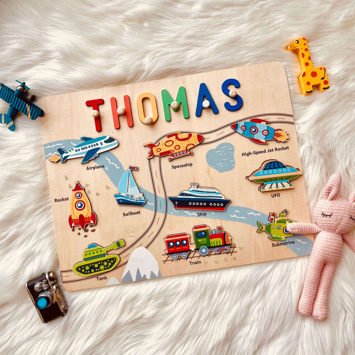 Rompecabezas de Madera Personalizado con Nombre - Juguete Educativo de Vehículos para Niños Pequeños