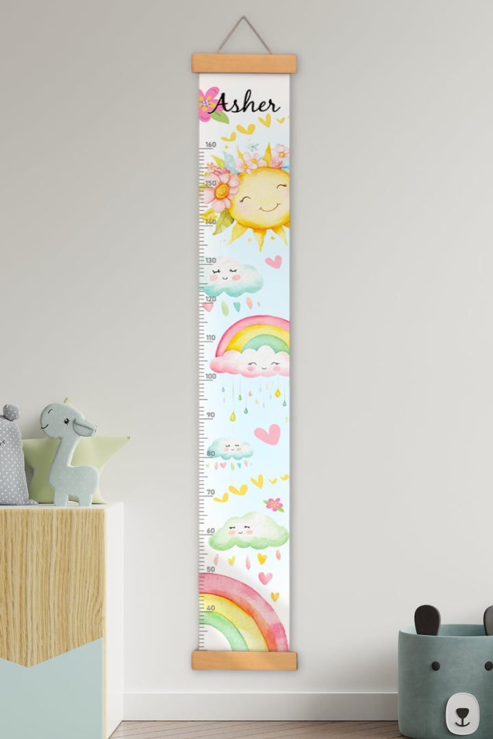 Règle de hauteur personnalisée en toile suspendue avec soleil et arc-en-ciel