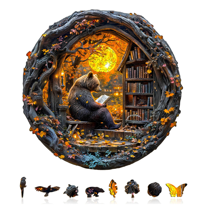 Reading bear wooden jigsaw puzzle featuring a bear reading in a cozy library surrounded by autumn leaves and a glowing moon.