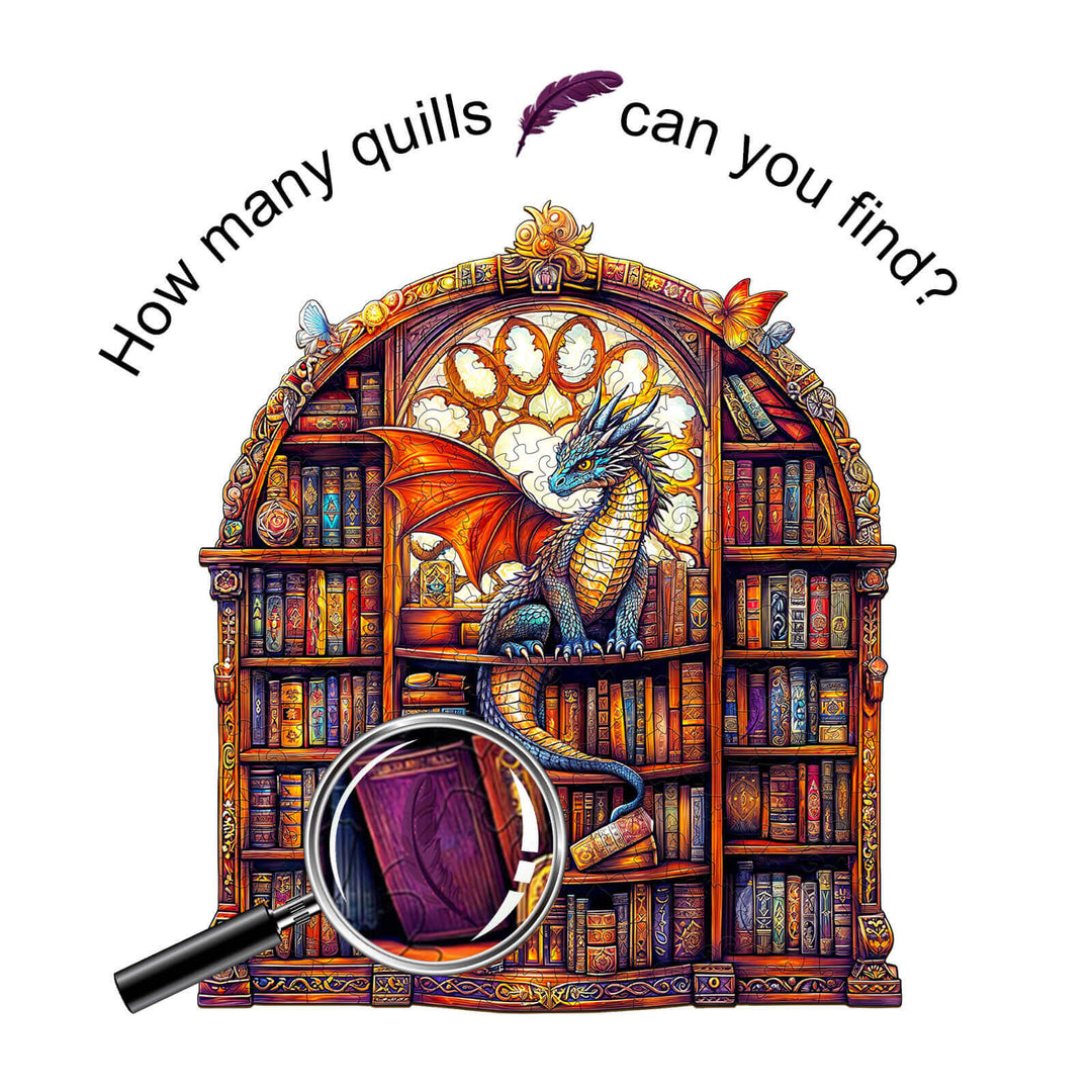 Colorful SEEK AND FIND QUILLS puzzle artwork featuring a dragon and a bookshelf, inviting viewers to spot hidden quills.