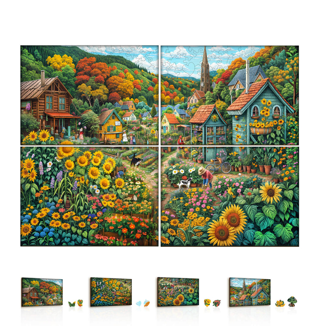 Colorful jigsaw puzzle of sunny fields with flowers and houses, perfect for mind games and focus enhancement.