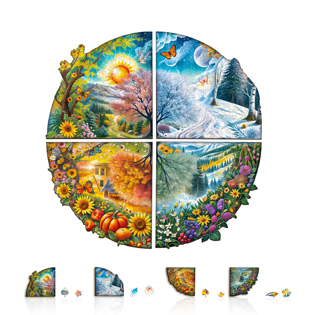 Four Seasons jigsaw puzzle featuring vibrant illustrations of spring, summer, fall, and winter landscapes.