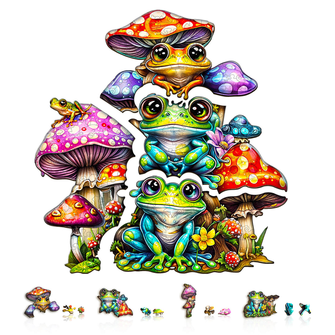 Colorful Frog Family puzzle surrounded by vibrant mushrooms, perfect for mind games and enhancing focus.