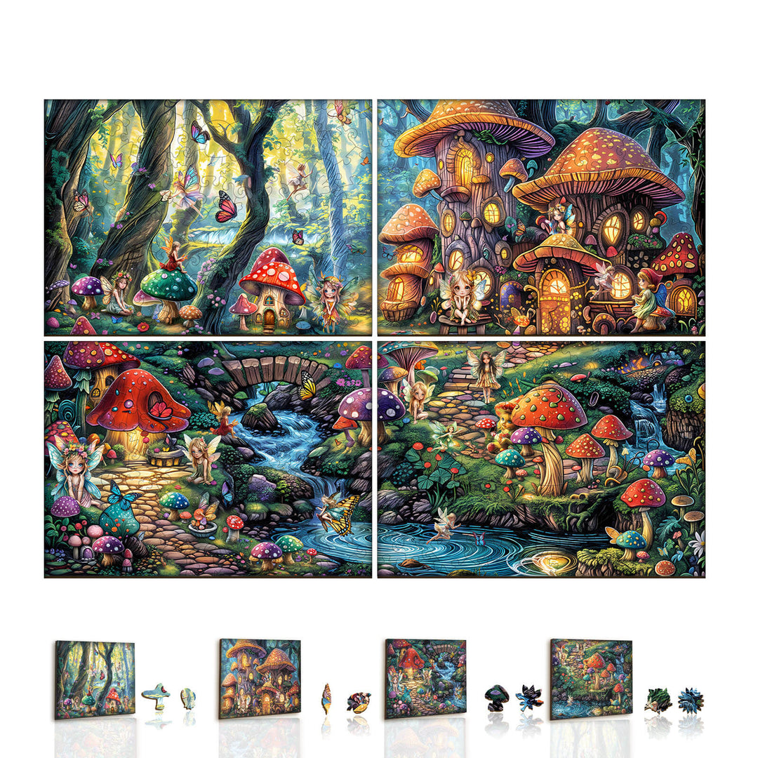 Colorful Fairy Village jigsaw puzzle with enchanting mushrooms, fairies, and a serene river, designed for mind games and focus.