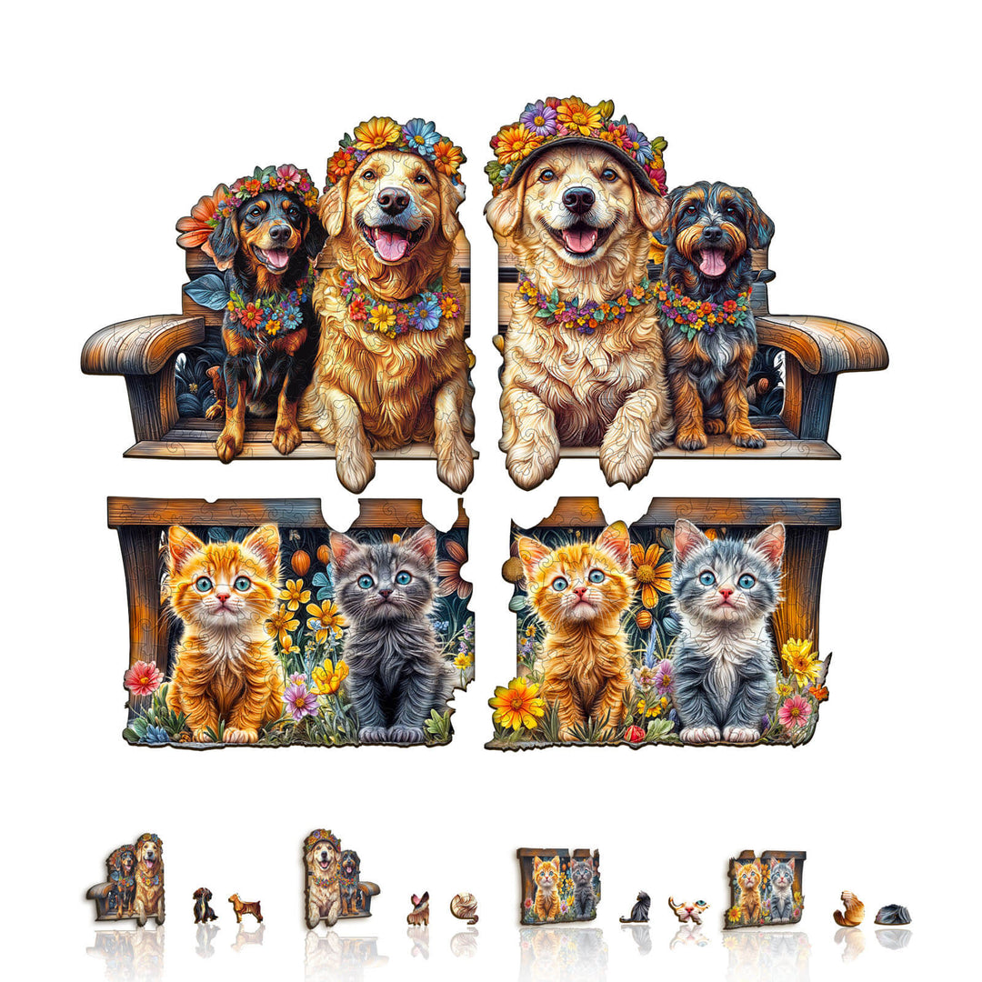 Colorful puzzle featuring happy dogs and cats on a bench, perfect for pet lovers and puzzle enthusiasts.